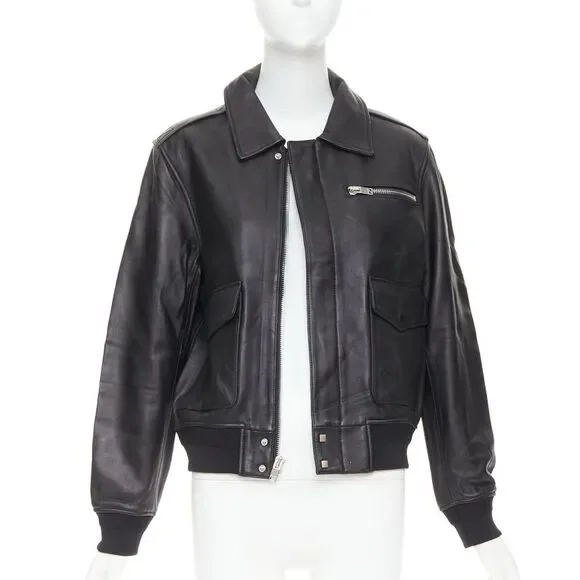 SAINT LAURENT 2020 black sheepskin leather pocketed flight jacket L - Picture 3 of 10
